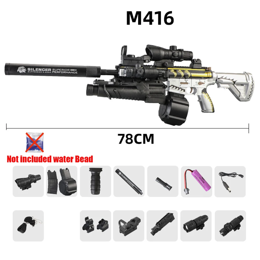 M416 Fully Equipped with Flashlight and Infrared Ray, Can Fire Gel Bullets 7-8mm, Manual and Automatic Integrated Toy Gun for Boys