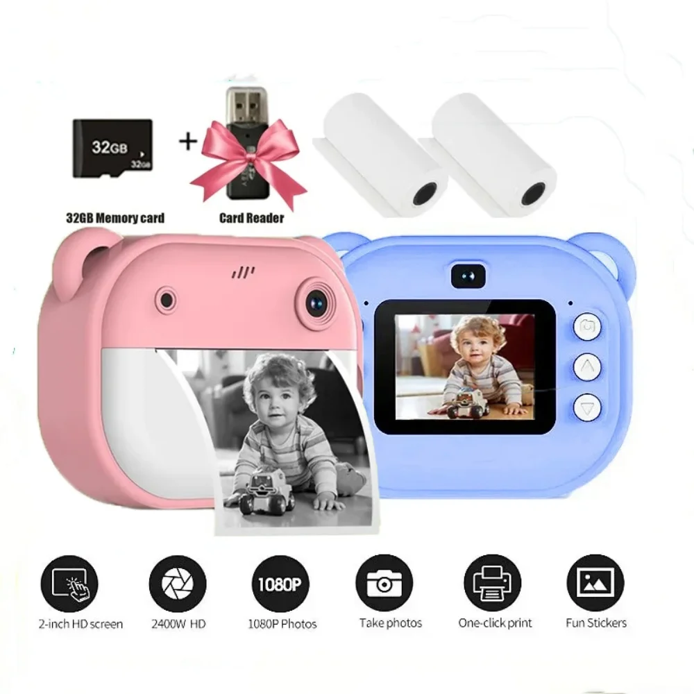 Children Digital Camera Instant Print for Kids Thermal Print Camera Instant Photo Printing Camera Video Toys+32G Memory Card