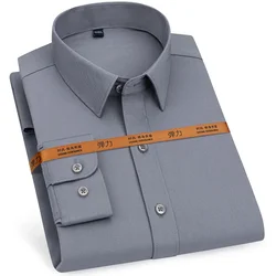 Camisa casual elástica sem ferro masculina, roupa de cor sólida branca, rosa, azul, preta, cinza, manga long, ideal para negócios, nova moda