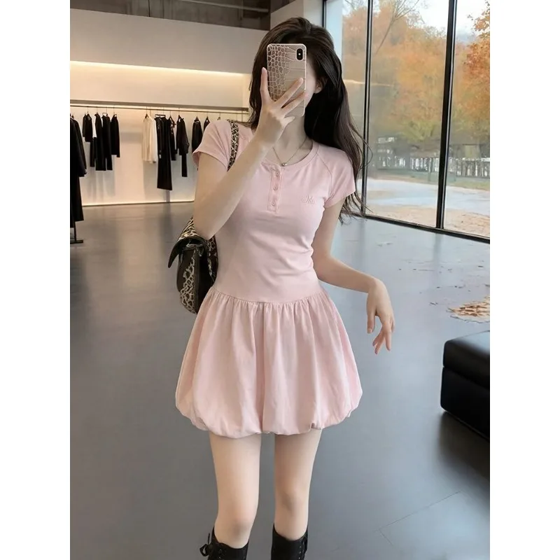 Women's Pink Short Sleeve Button Detail Mini Dress Slim Fit Flared Hem Casual Bubble Skirt