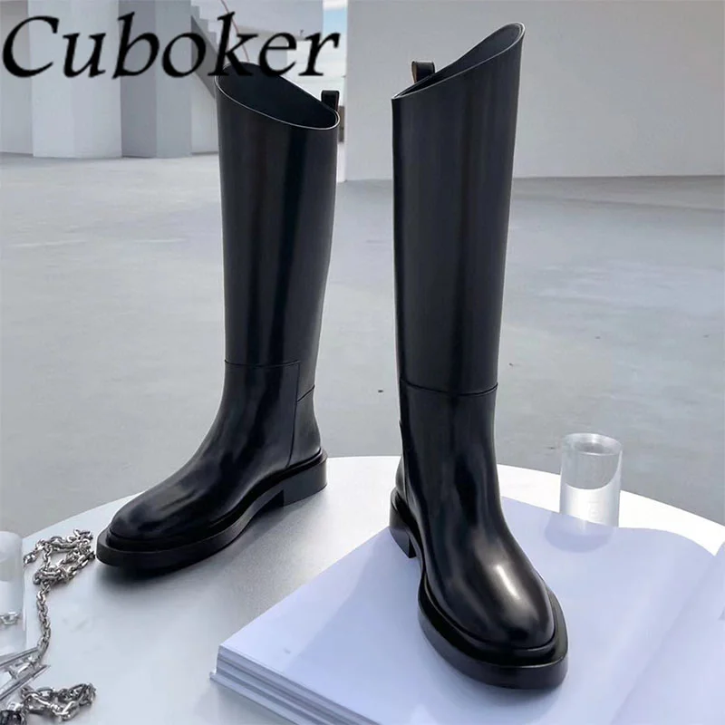 Top Quality Winter Real Leather Riding Boots Round Toe Thick Heel Knee High Boots Women Long Boots Celebrity Brand Shoes mujer