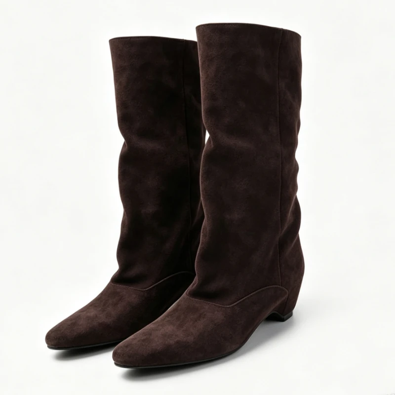 2027 Fall/Winter Retro Cow Suede Mid-Calf Boots Women Fashion Pointed-Toe Wedge-Heel Motorcycle Boots Luxury Brand Designer Shoe