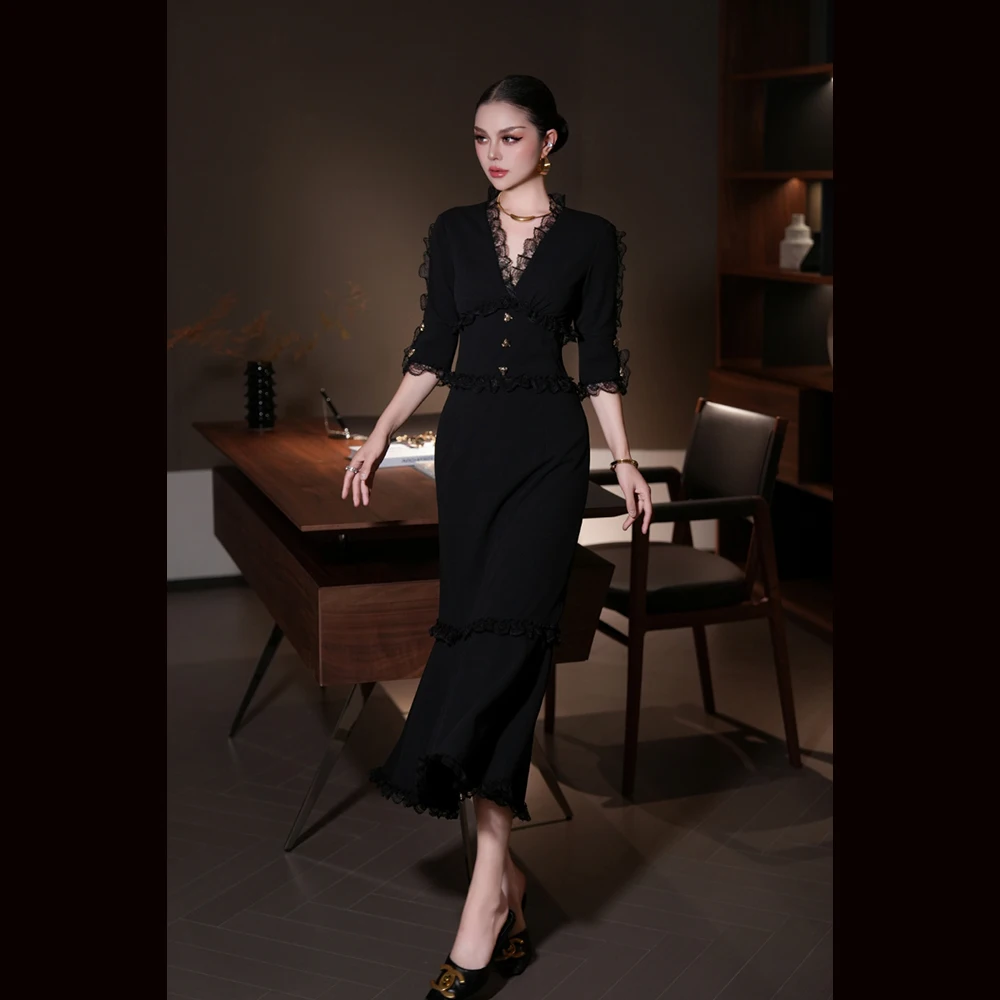 Meyyithun Women's Dress High Quality Summer Runway  V-Neck Lace  Black Fishtail Dress Slimming Style Leopard Head Button Dress