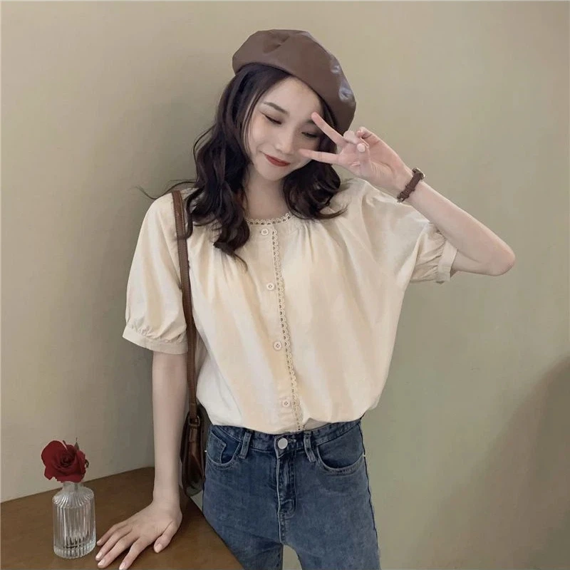 Sweet Lace Patchwork Youth Button Simplicity Shirt Tops Women Clothing New Short Sleeve Solid Korean Blouse Trend Fashion Summer