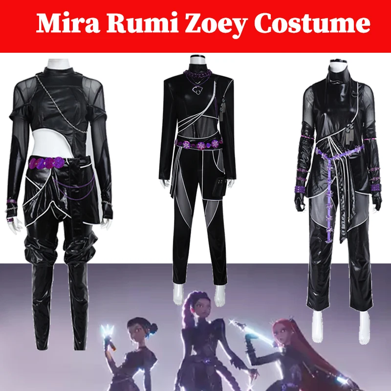 

Rumi Zoey Mira Cosplay K POP Demon Hunter Costume Black Purple Clothing Combat Suit Women Adult Girls Halloween Party Role Suit