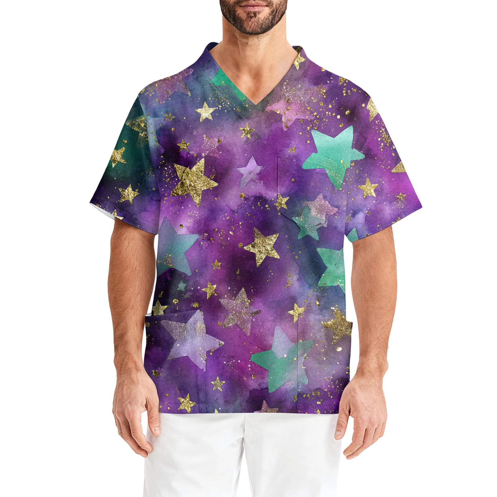 Uniforme d'infirmière à manches courtes et col en v, uniforme d'infirmière imprimé de carnaval, veste de soignant de poche, chemise à manches courtes pour hommes