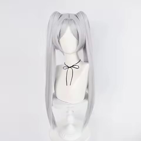 24Inch with Double Ponytails Wigs Synthetic Hair Long Straight Silver Gray Frieren Cosplay Wig Anime Halloween