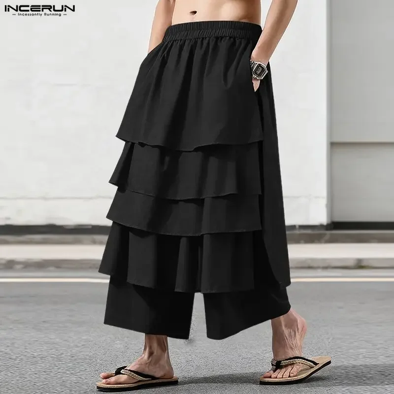 INCERUN Men Irregular Pants Solid 2026 Ruffle Elastic Waist Joggers Wide Leg Trousers Men Streetwear Loose Fashion Casual Pants