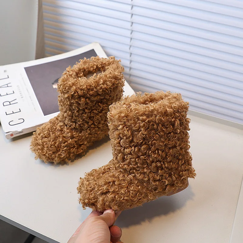 

Модные детские зимние ботильоны, новые уличные плюшевые ботинки для девочек, простые мягкие пушистые классические детские теплые хлопковые ботинки, Лидер продаж