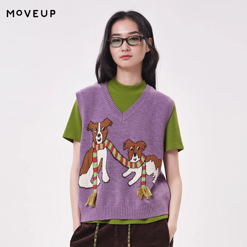 MOVEUP Women's V‑Neck Knit Vest 2026 Autumn Winter Cute Dog Jacquard Tassel Decor Sweater Vest Sleeveless Waistcoat 3ELD31005
