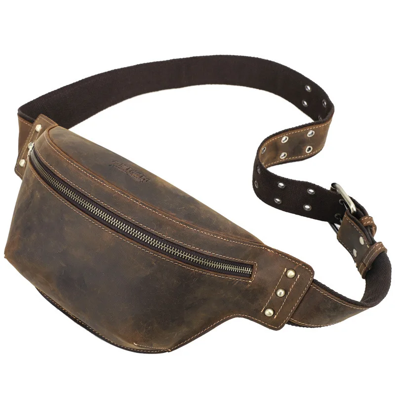 Fashionable British Style Top Layer Cowhide Crazy Horse Multi Functional Crossbody Men Genuine Leather Waist Large Capacity Bags