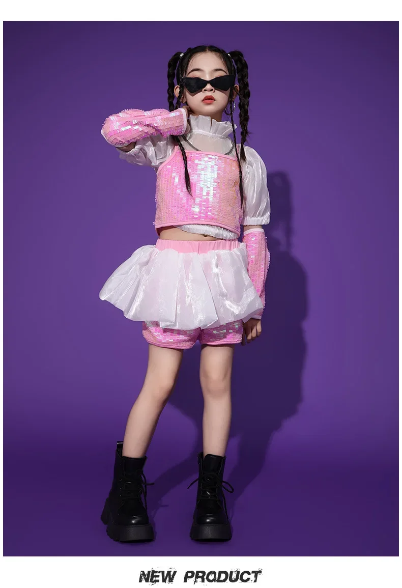 Pailletten-Jazz-Tanzset für Mädchen, Hip-Hop-Bühnenoutfit, Laufsteg-Show-Kostüm mit Glitzer für Kinder und Teenager, Tanzwettbewerbskleidung – Detail 7