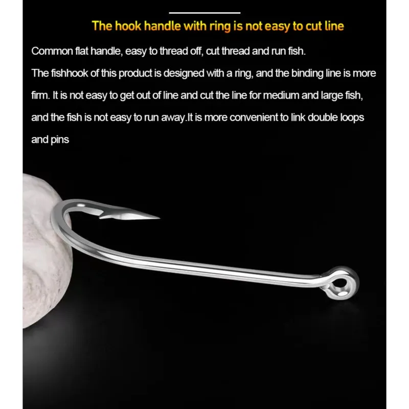 Hameçons de pêche à longue tige avec œillet, gabarit en acier au carbone, crochets barbelé pointus, pêche en eau salée, carpe, outil, 50 pièces