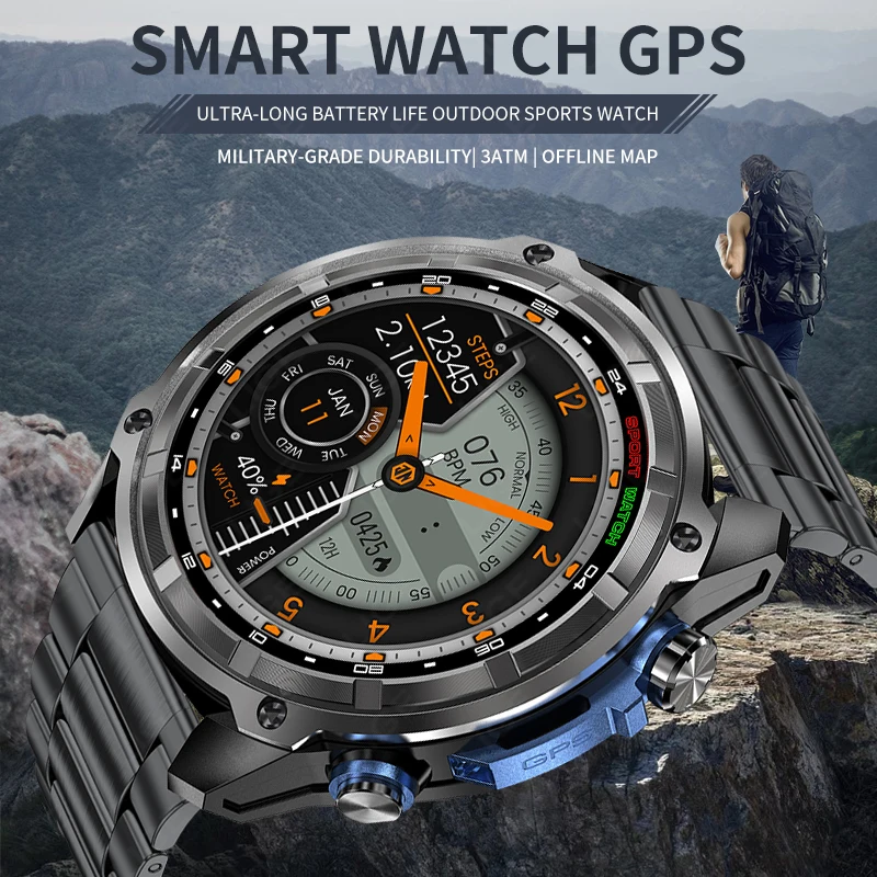 LIGE GPS Smart Watch Offline Map 860mAh Men Compass Barometric Altimeter 3ATM AMOLED BT Call Sports Watches 4GB MP3 MP4 Player