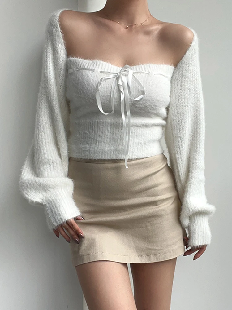 

BERAN винтажный сладкий узел, сексуальный вязаный жилет на бретельках, открытый кардиган с запахом, топ, комплект из двух предметов, женский Fa...