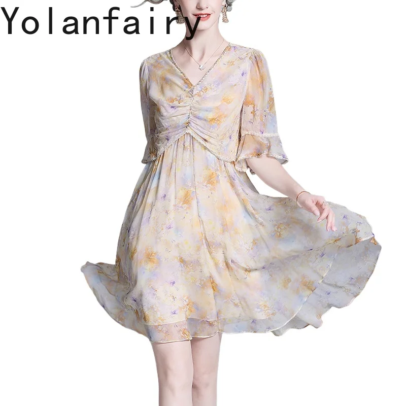 

YOLANFAIRY New 100% Genuine Mulberry Silk Dress for Woman Summer Super Beautiful Floral Dress Beach Style Pink Women's Dresses