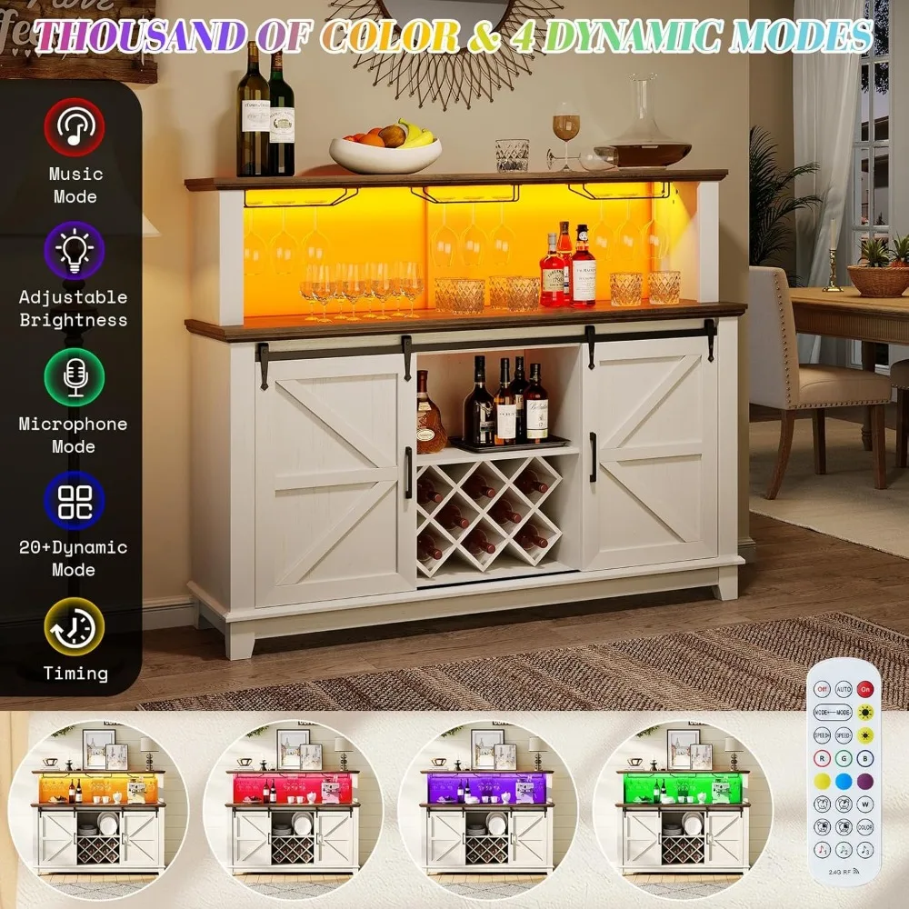 Credenza Buffet con contenitore, armadietto da bar per vino e caffè in fattoria da 55 pollici con luce a LED, armadio portaoggetti con ante di fienile per la casa