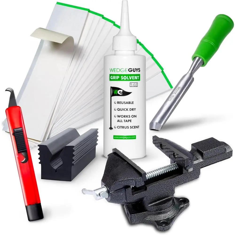 

Professional Golf Club Re-grip Kits: Hook Blade, Tape Strips, Solvent, Remover, Vise & Clamp