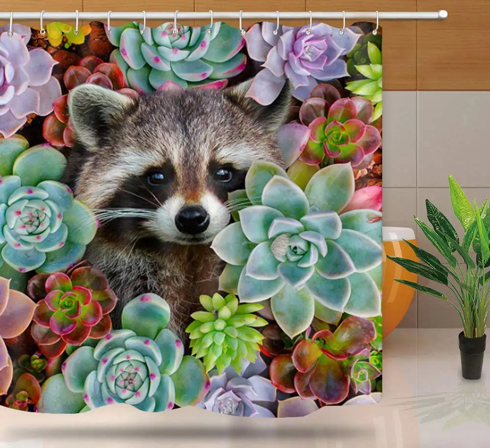 Raccoon Shower Curtain,Raccoons Hiding In Succulent Jungle Funny Design Bath Curtain,Waterproof Fabric Bathroom Set with Hooks