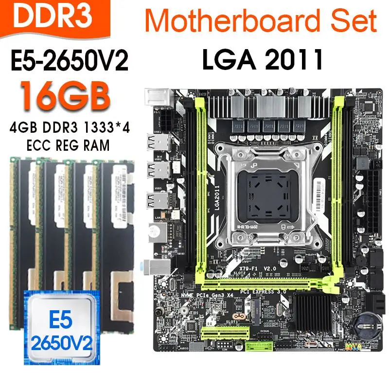 Go! X79 Motherboard Set With LGA2011 Combos Xeon E5 2650 V2 CPU 4pcs x 4GB=16GB Memory DDR3 ECC RAM 1333Mhz NVME M.2 Slot