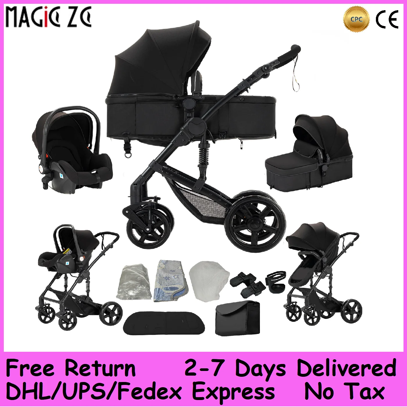 

Легкая детская коляска с авиационной рамой, 360° ° Вращающиеся колеса, регулируемая спинка, съемная подушка и корзина для хранения