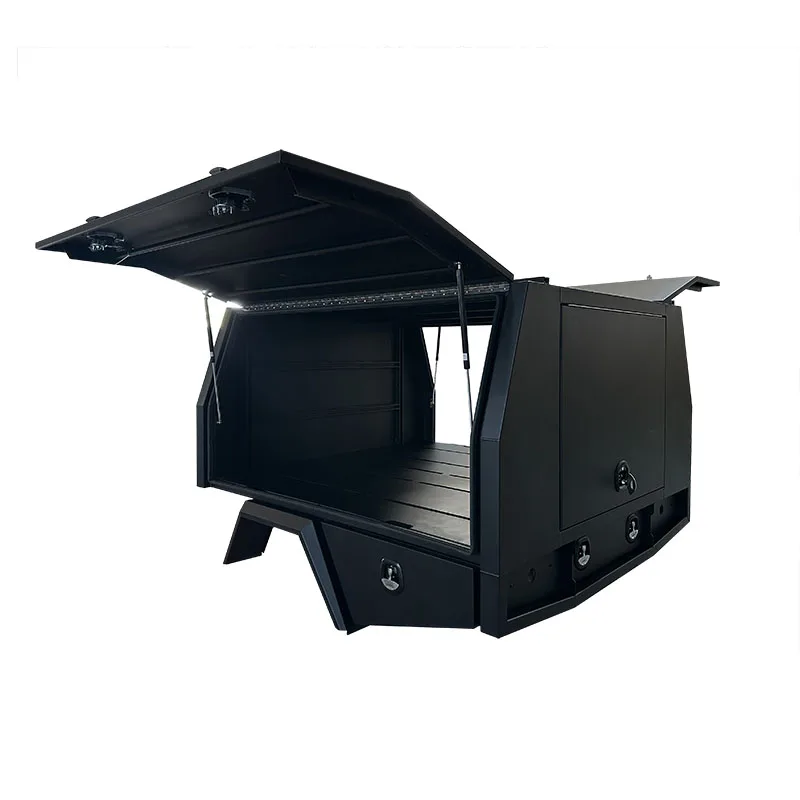 Dual Cab Chassis Mount Canopy 3 Door Sand Black with Unit Struts on Roof, Side, Floor Aluminium Service Body with Toolbox Combo
