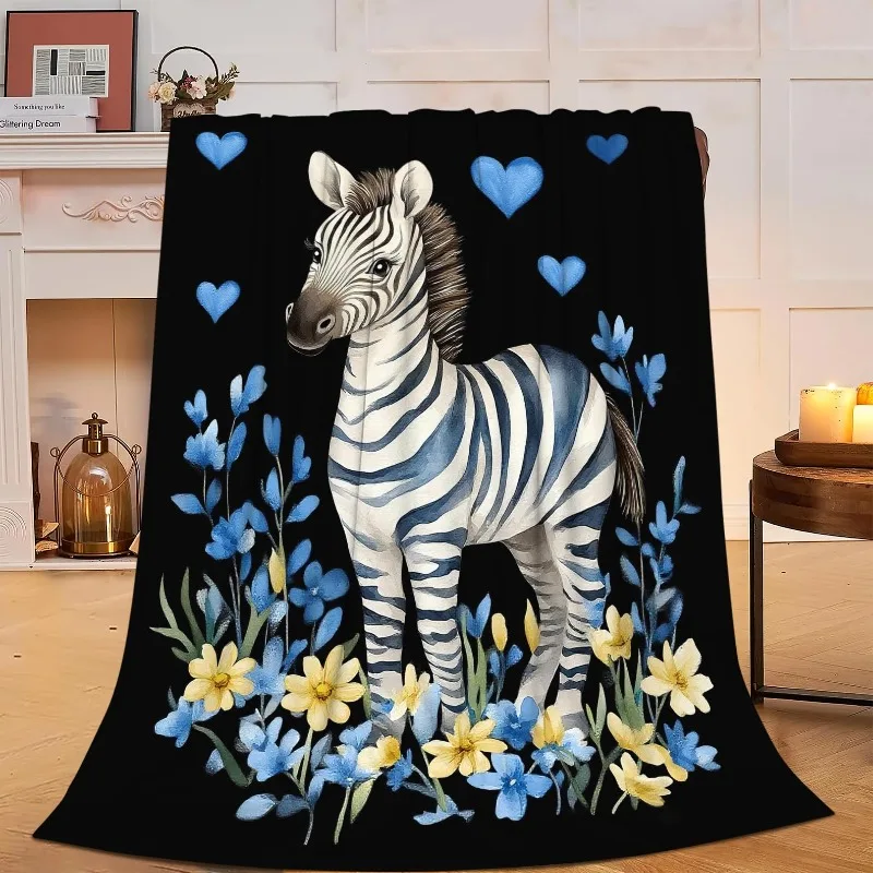 Cute Zebra Fleece Blanket Blue Hearts Floral Animal Bedding Throw Super Soft Cozy Flannel Sofa Blanket Luxury Travel Nap