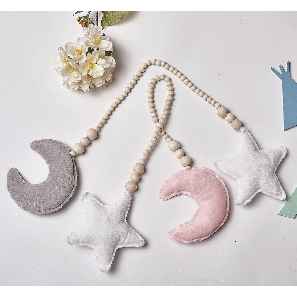 

Crib Pendant Ornament Wooden Beads String Moon Star Theme for Baby Room Kids Bedroom Wall Hanging Decor Nursery Play Tent Pink