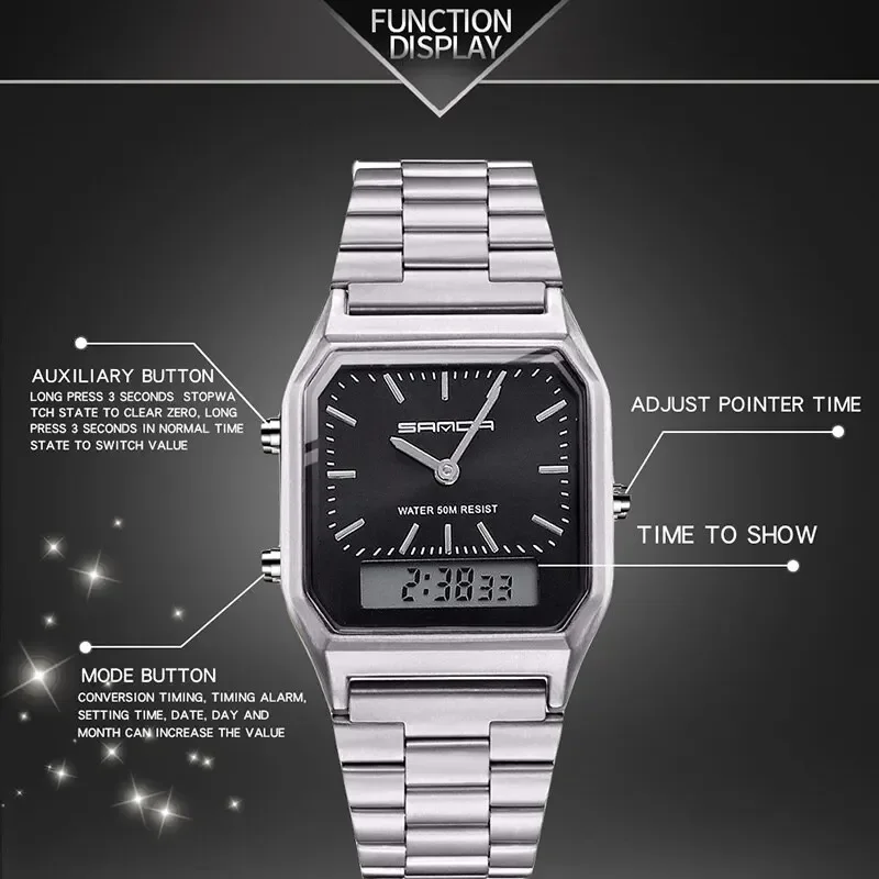SANDA P747 Dual Display Clock Unisex Waterproof Sports Quartz Watch Luxury Mens Style Watches Stainless Steel Women LED Digital