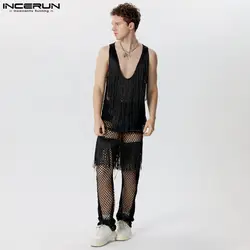 INCERUN Men Sets Mesh Tassel Patchwork Hollow Out Transparent Sleeveless Tank Tops & Pants 2PCS Streetwear 2024 Men Suits S-5XL