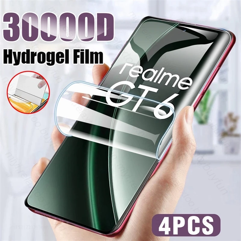 RealmeGT6 4 шт. 30000D изогнутая полностью клеящаяся Гидрогелевая пленка для Realme GT 6 GT6 фотозащита экрана не стекло Realmi GT6T GT6 T T6 2024