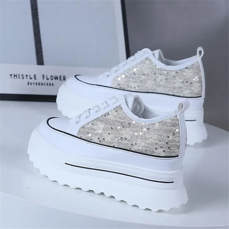 

2025 Women's Sneakers Spring Sequined Casual Shoes Women Platform Heels Wedges Height Increasing Vulcanized Shoes 9cm
