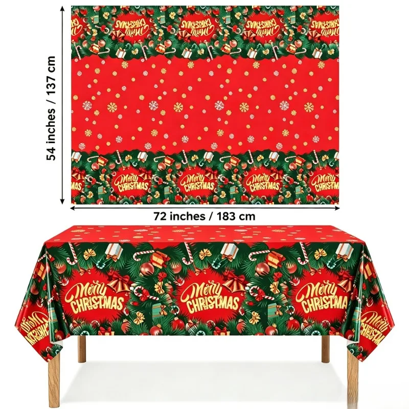 1/3Pcs Foil Christmas Tablecloth 54×72/54×108 Inch, Red‑Green Wreath Print Waterproof Disposable Table Cover for Xmas Party