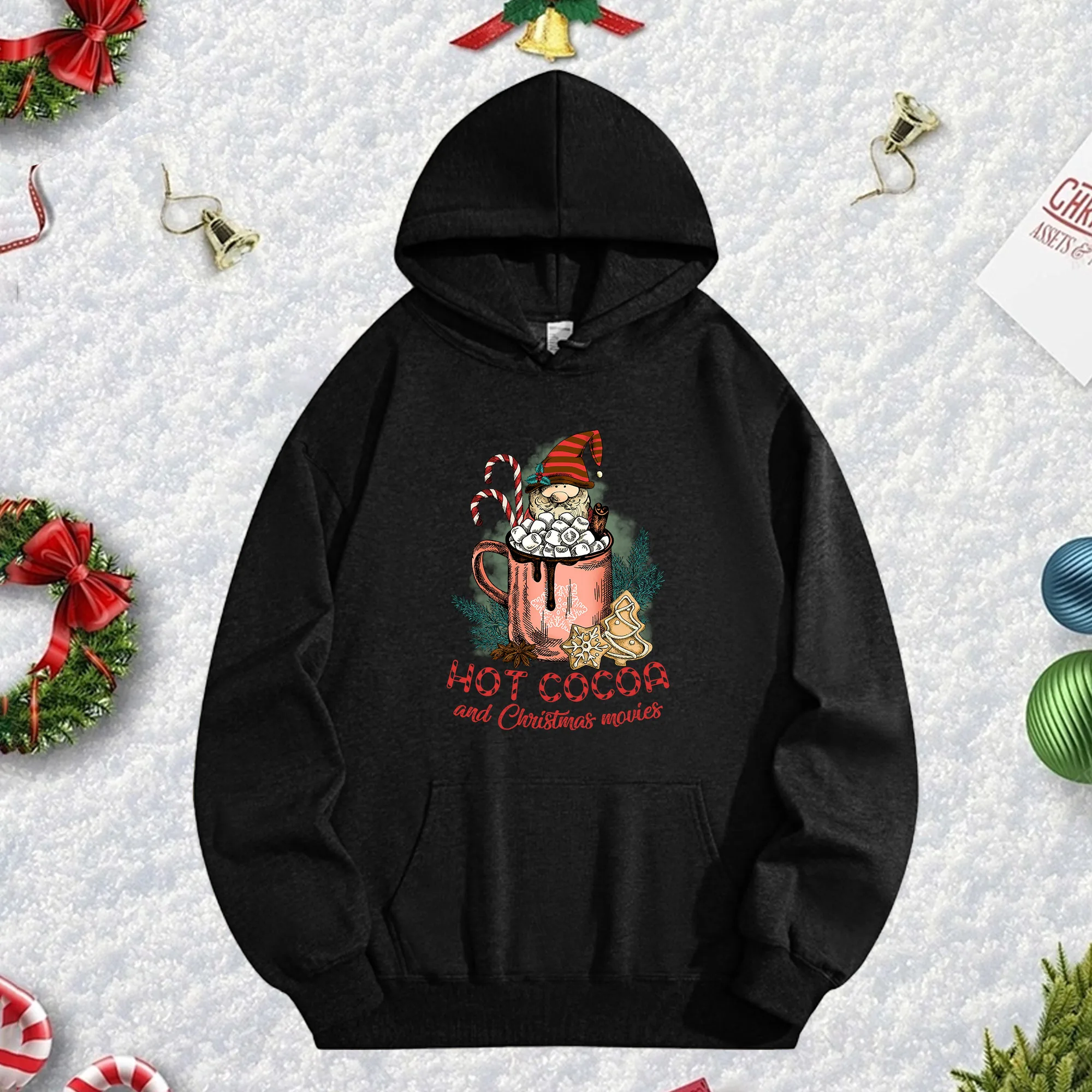 

Черная толстовка унисекс HOT COCOA 270G, зимний пуловер из мягкого флиса для рождественского сезона и новогоднего праздничного стиля