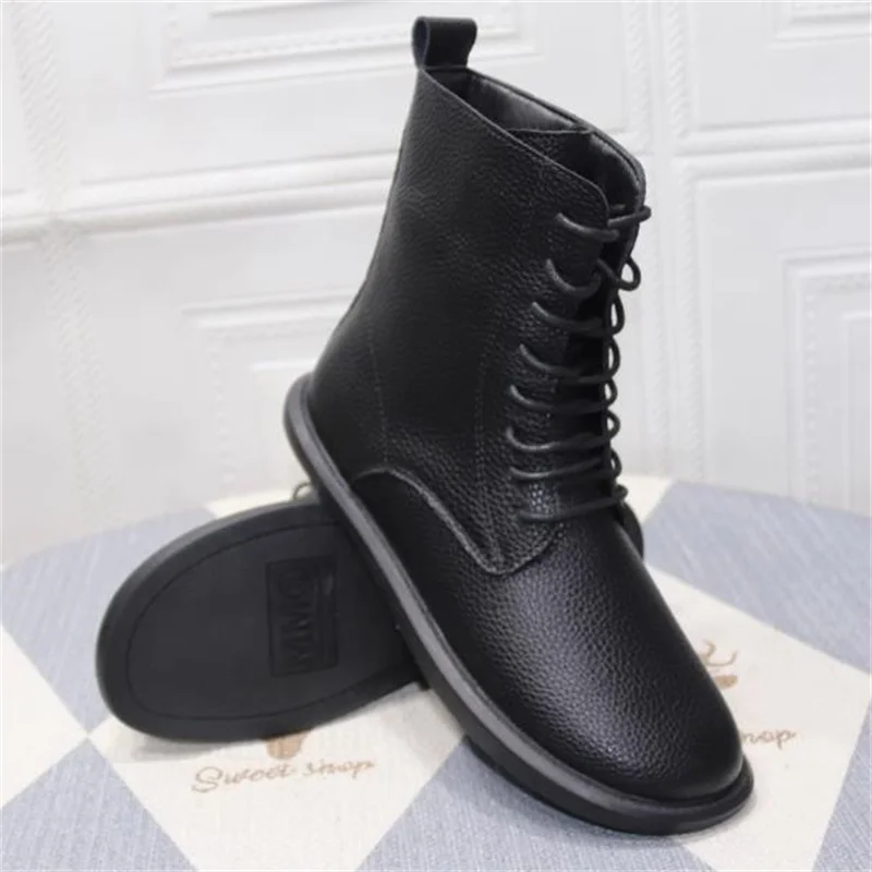 Women Fashion Genuine Leather Winter Mid-calf Boots Women Lacing Leather Boots Size 35-41 English ankle boots