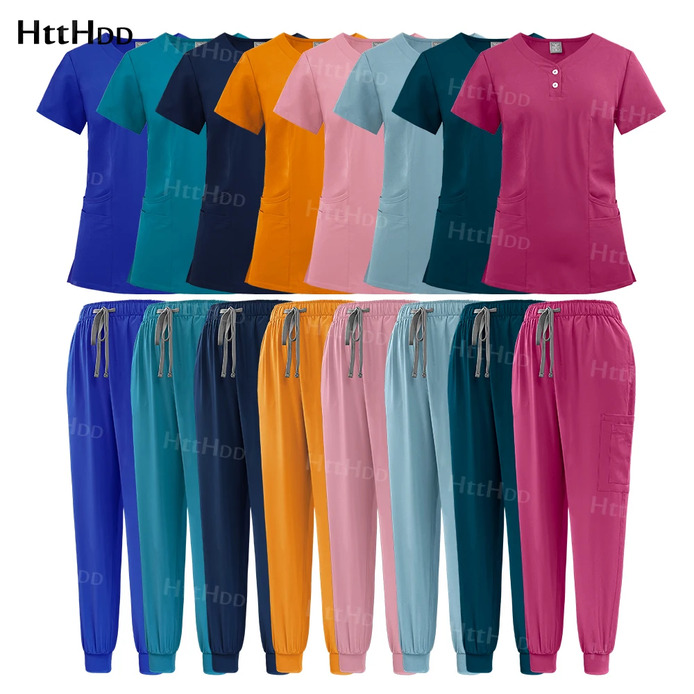 

Beauty Spa Uniform High-quality Nursing Scrub Women Short Sleeved Shirt Joggers Pants Suit Multicolour Nurse Medical Uniform New