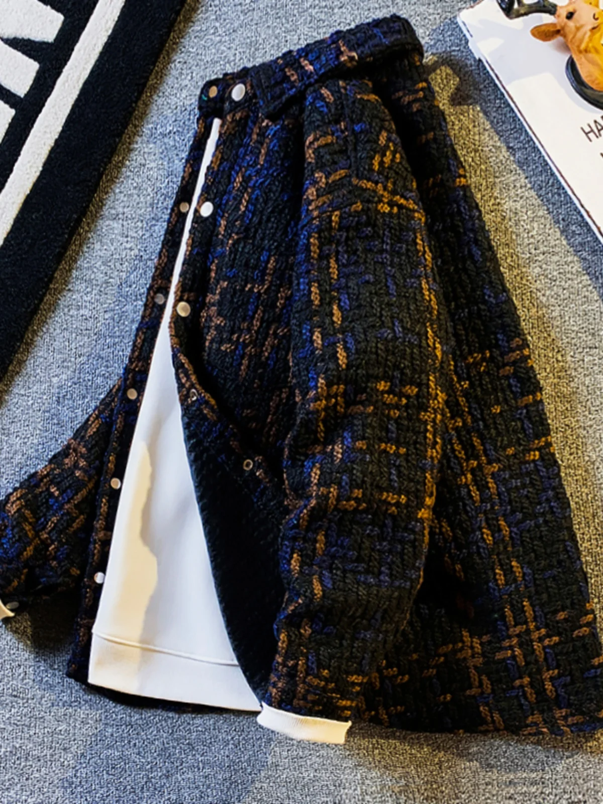 

Retro Men's Woolen Knitted Jaet Loose Casual Sle Spring Autumn High Quali Plaid irt Coat Youth Faion Classic Fit