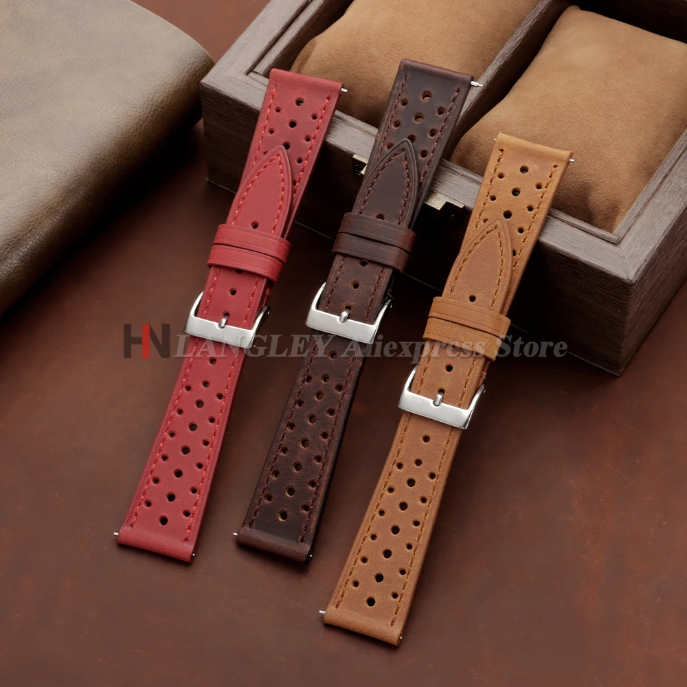 Vintage Racing Leather Watch Strap 18mm 19mm 20mm 21mm 22mm 24mm Handmade Quick Release Strap Brown Breathable Porous Watchbands image 2