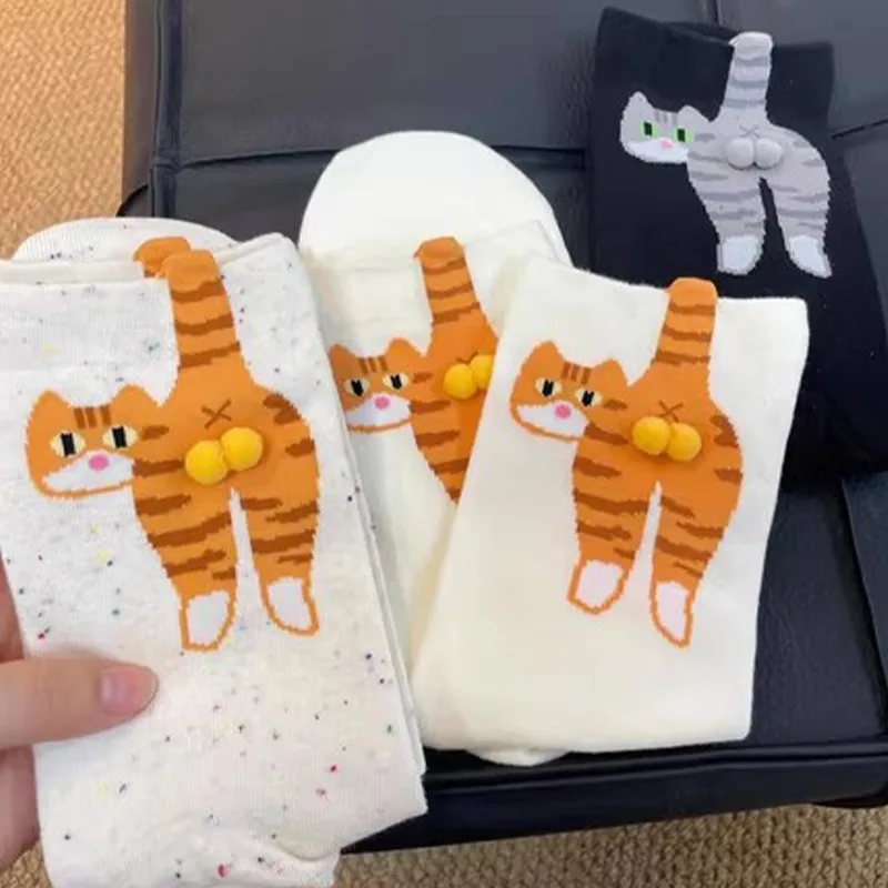 

2025 Harajuku Black White Sock 3D Cartoon Cute Cat Egg Couple Socks Winter Soft Cozy Mid-Calf Socks Gift for Christmas Halloween