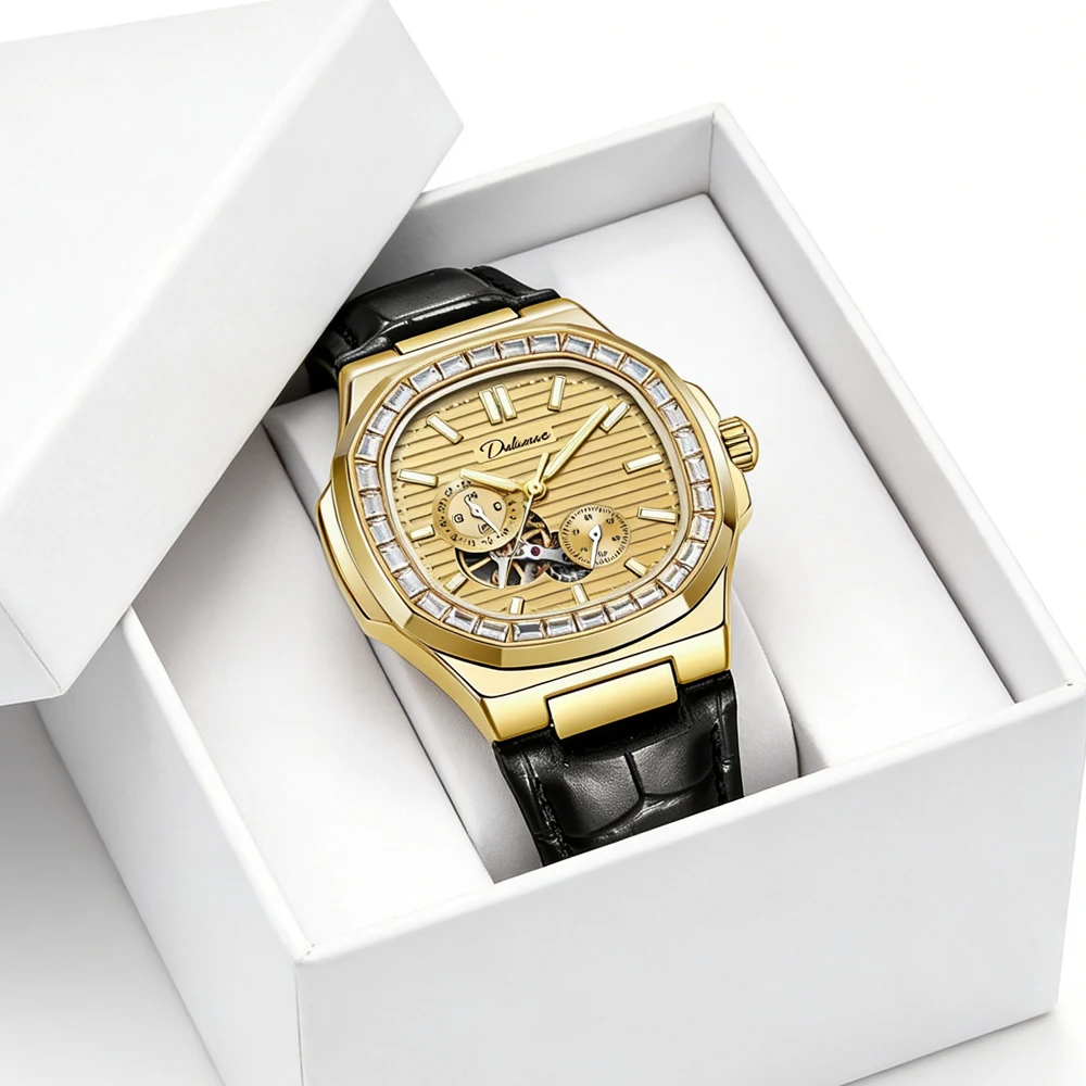 

Роскошные золотые квадратные механические часы для мужчин, модные автоматические часы с бриллиантовым безелем, кожаный ремешок, водонепроницаемые наручные часы-скелетоны