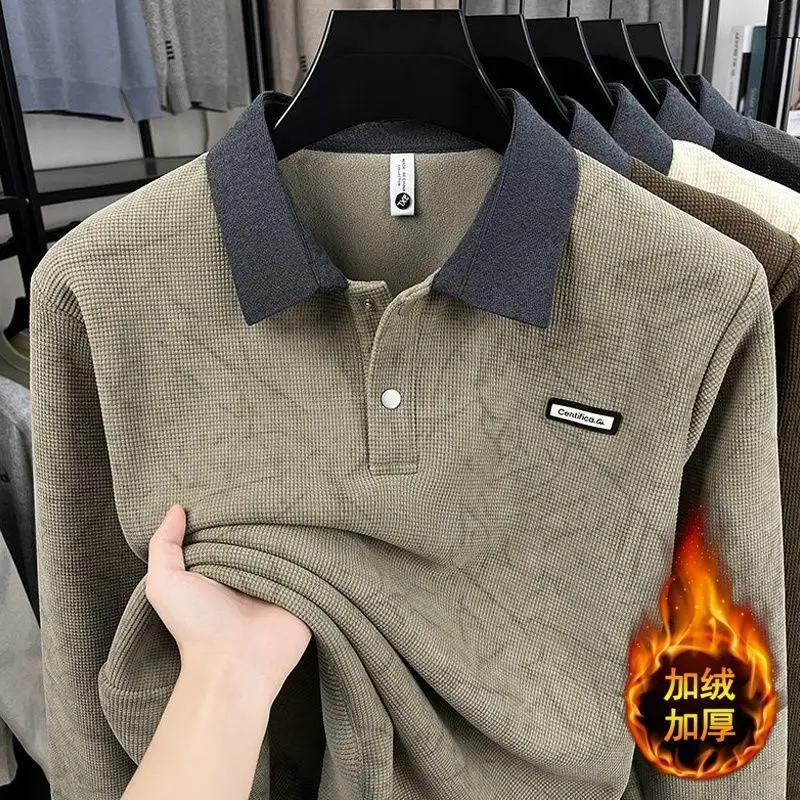 2026 Winter Brand Lapel Sweater Large Size Loose Fleece Thickened Long-sleeved T-shirt Top Men's Polo Shirt Men Clothing
