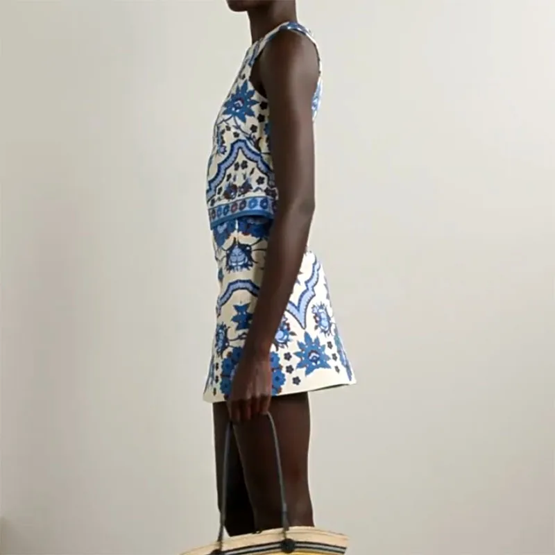 Azul impresso vintage mulher roupas 2025 primavera em torno do pescoço regatas & mini saia 2 peça conjunto verão sem mangas zip terno outfits