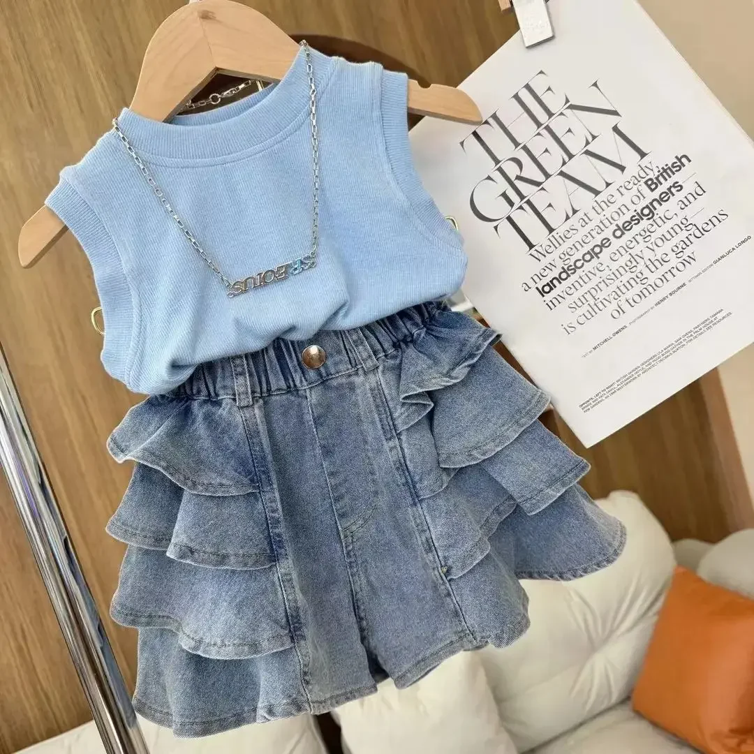 

Summer Girls' Set 2026 New Korean Style Sleeveless Tank Top Fashionable Solid Color Sweet Trendy Pleated Skirt Pants