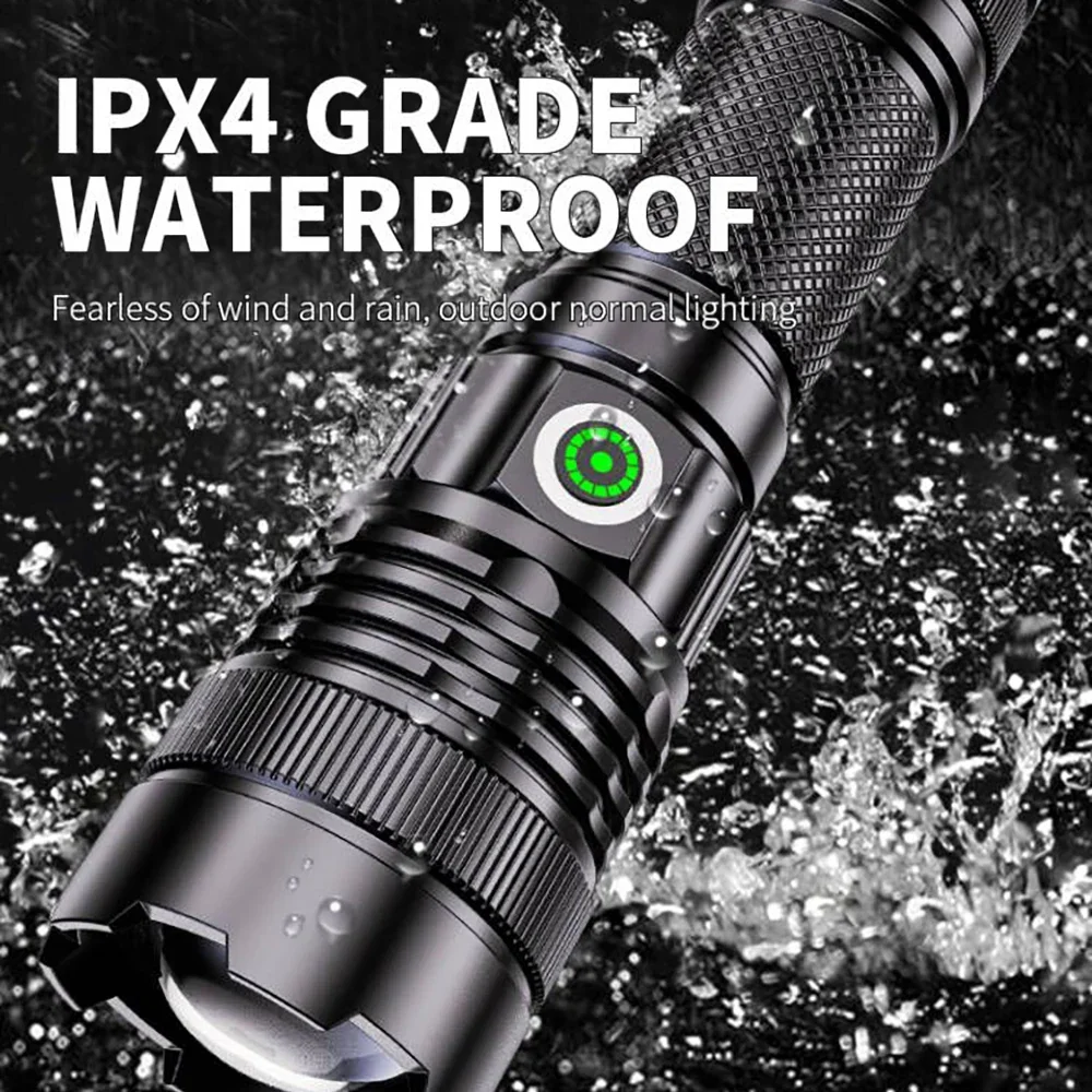 100000 Lumen Super Bright Spotlight Long Range LED Flashlight Built-in Battery  USB Charging Waterproof Portable Camping Torch