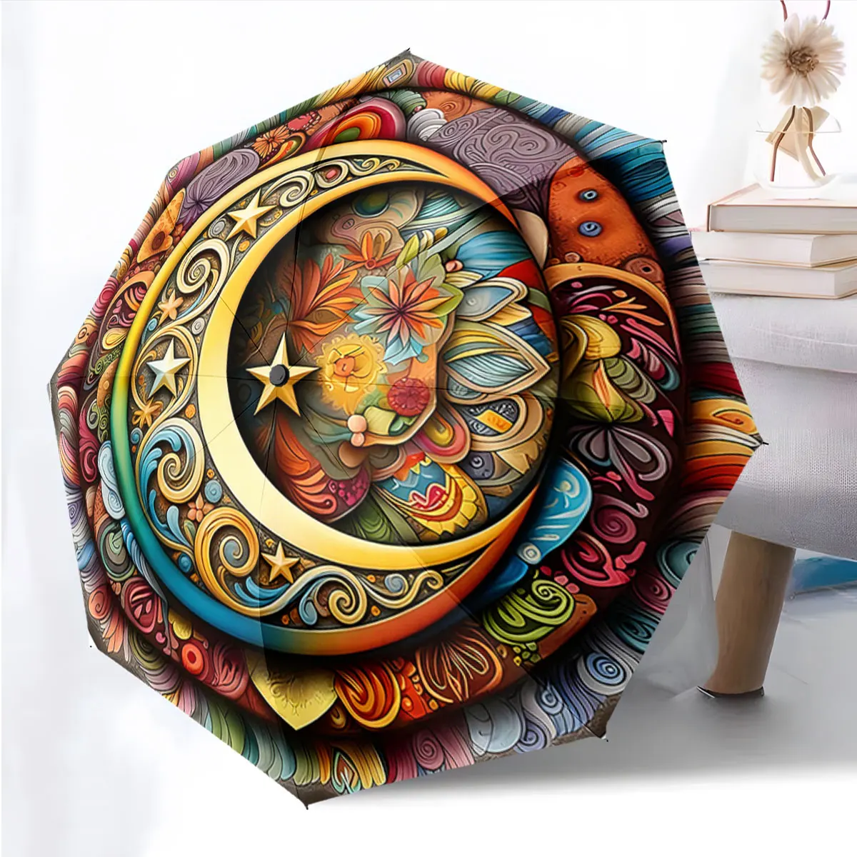 1PC Colorful Umbrella with Moon and Star Design Print 8 Iron Ribs Folding Umbrella Auto-Open Fashion Sunshade