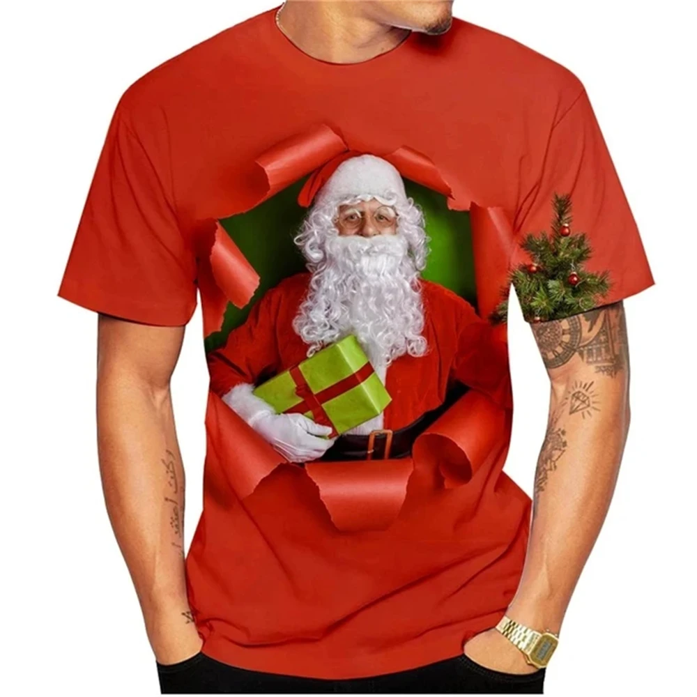 Carnival Party Hip Hop Men\'s Christmas Elf Santa Claus Printed T-Shirt Fashion Trend O-Neck Loose Street Party Men\'s Clothing