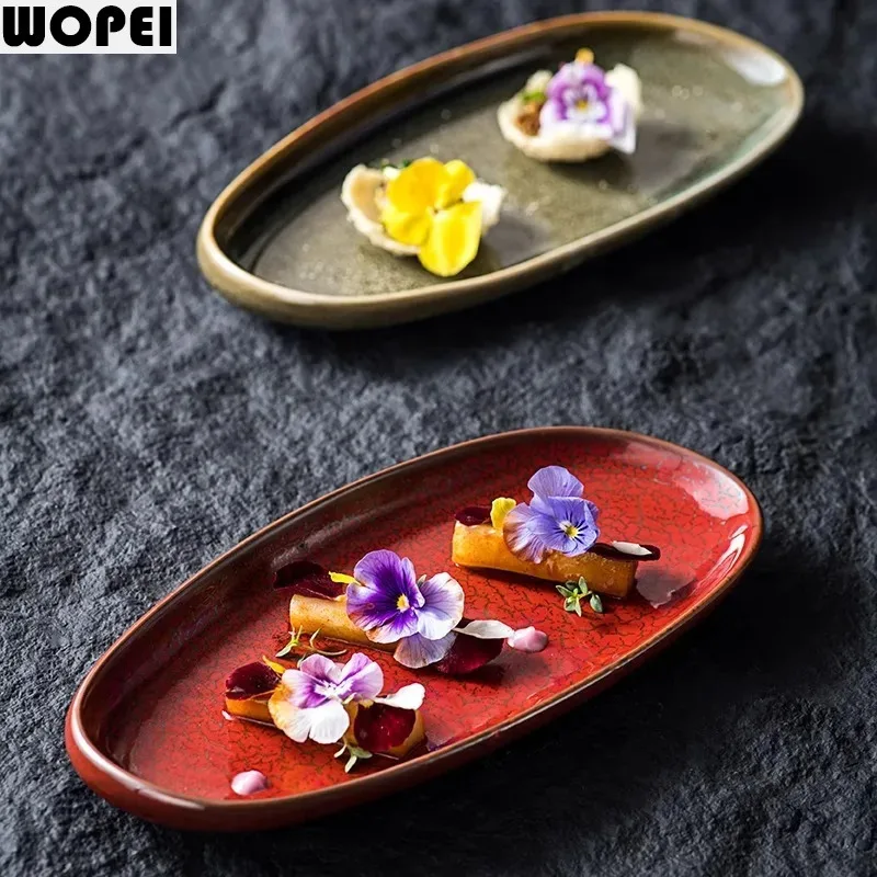 Retro Oval Ceramic Plate Restaurant Sushi Plate Sashimi Plate Snack Plates Serving Plates Fish Dish Molecular Cuisine Tableware