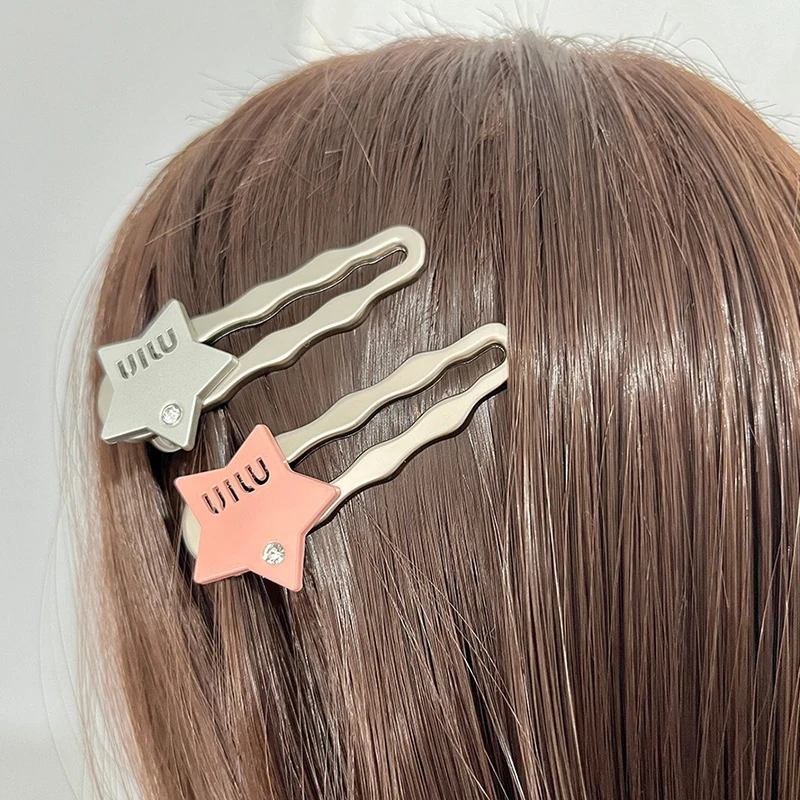 2pcs Fringe Clip Small Hairpin Pentagram Duck Mouth Side Clip Silver Gray Letter Hair Clip Letter Five-pointed Star Hairpin