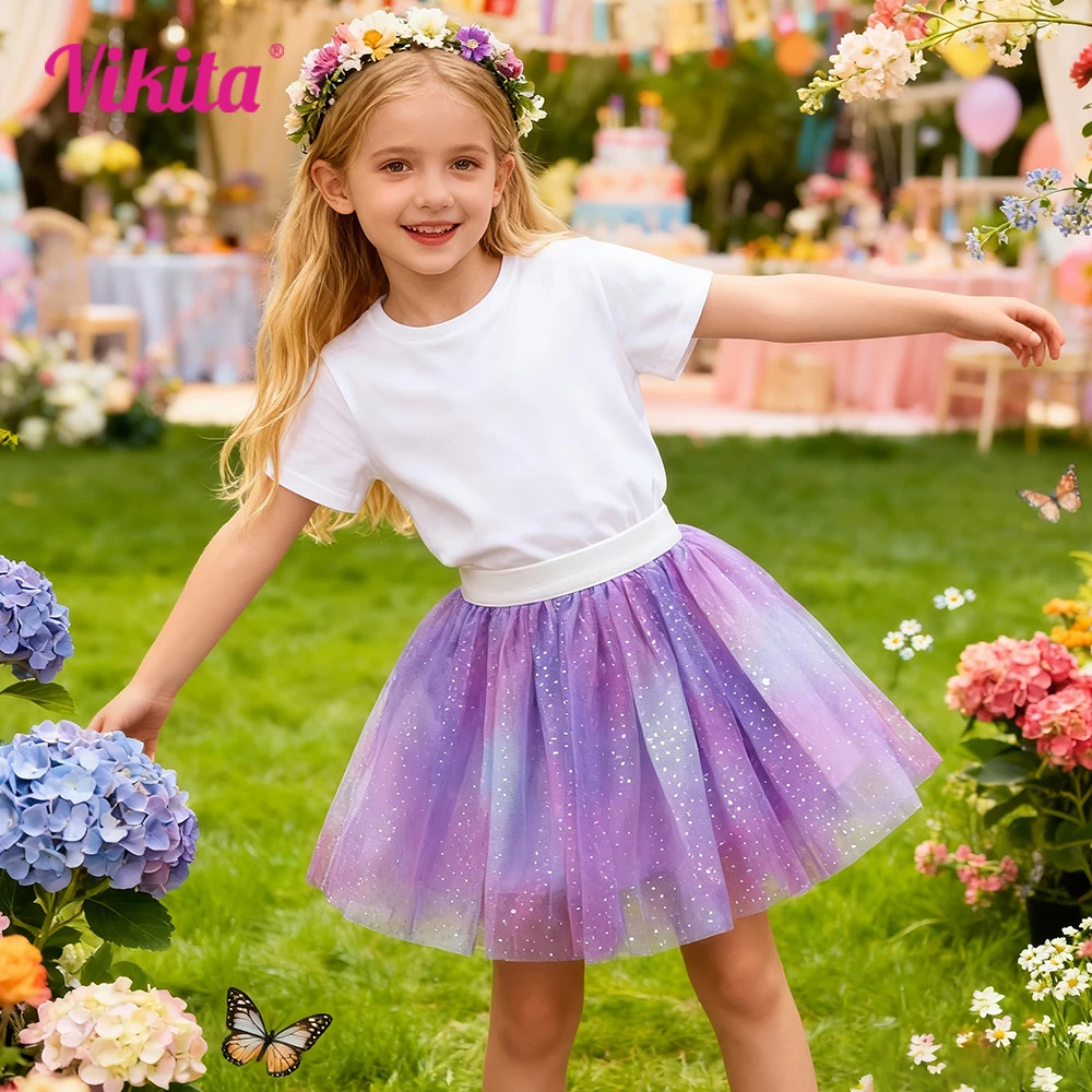 VIKITA Girls Glitter Gradient Purple Tulle Mesh Mini Skirt Kids Birthday Party Princess Casual Daily Wear Sparkly Fluffy Skirt