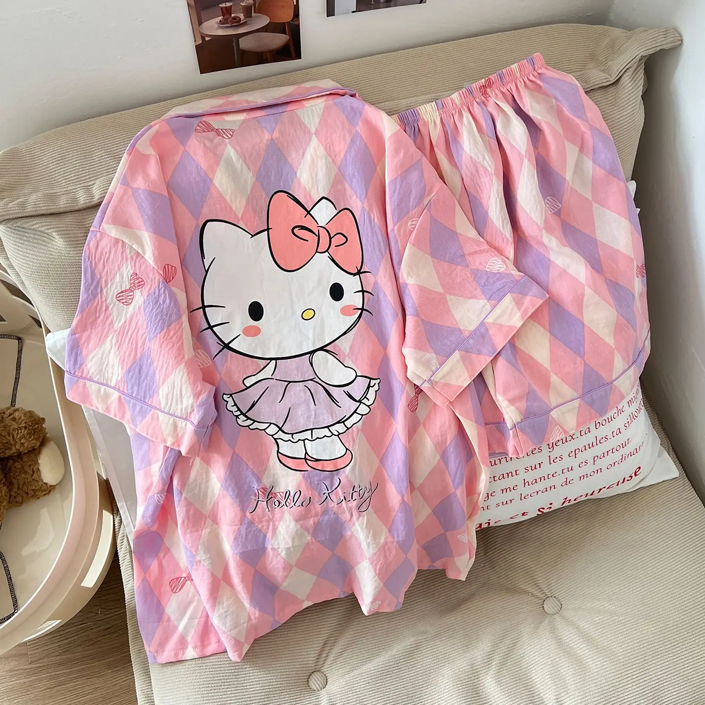 

Женский милый милый летний хлопковый пижамный комплект Hello Kitty с воротником-поло и двойные шорты, легкая удобная одежда для сна, домашняя одежда